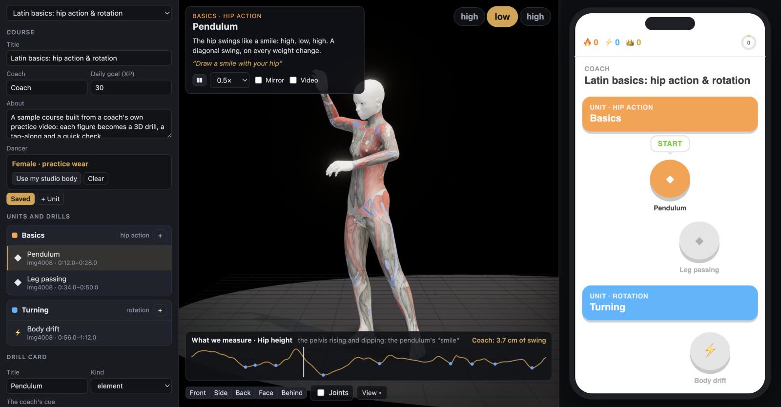 The course builder: a coach's drill list, the 3D demo of a figure, and the student's practice path on a phone